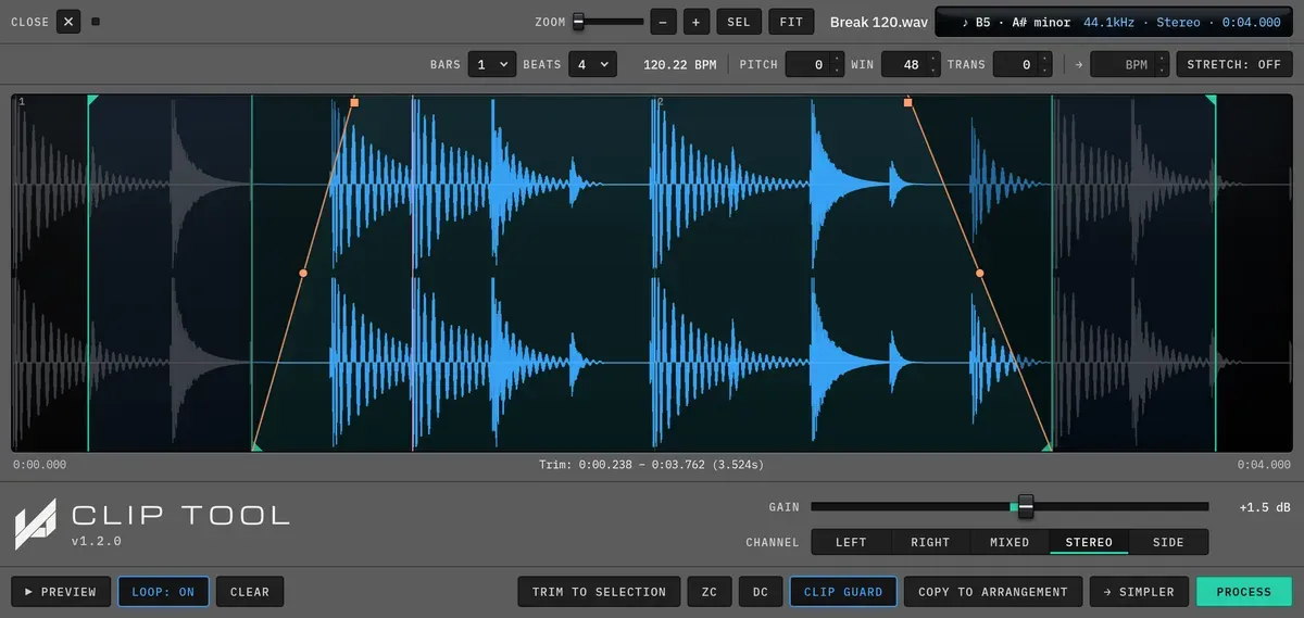 The Clip Tool editor showing a drum break waveform with a loop region and fades