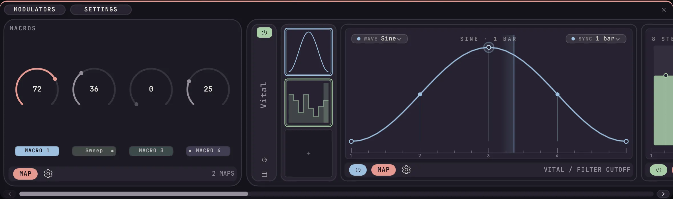 The Kerf Modulators panel docked in REAPER, with the track macros and a plugin block with its LFO editor open